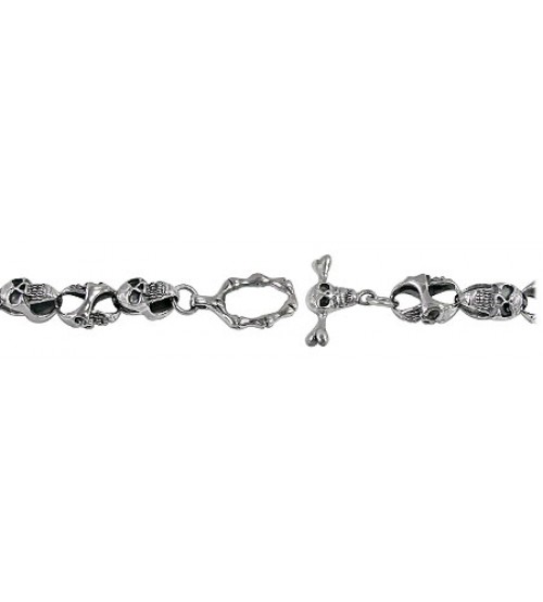 8mm Skull Head Bracelet with Toggle Clasp, 9" Length, Sterling Silver